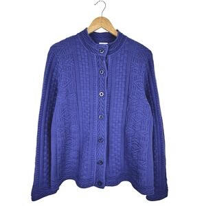 LL Bean Womens Textured Knit Cardigan Sweater L Blue 100% Cotton Button Preppy